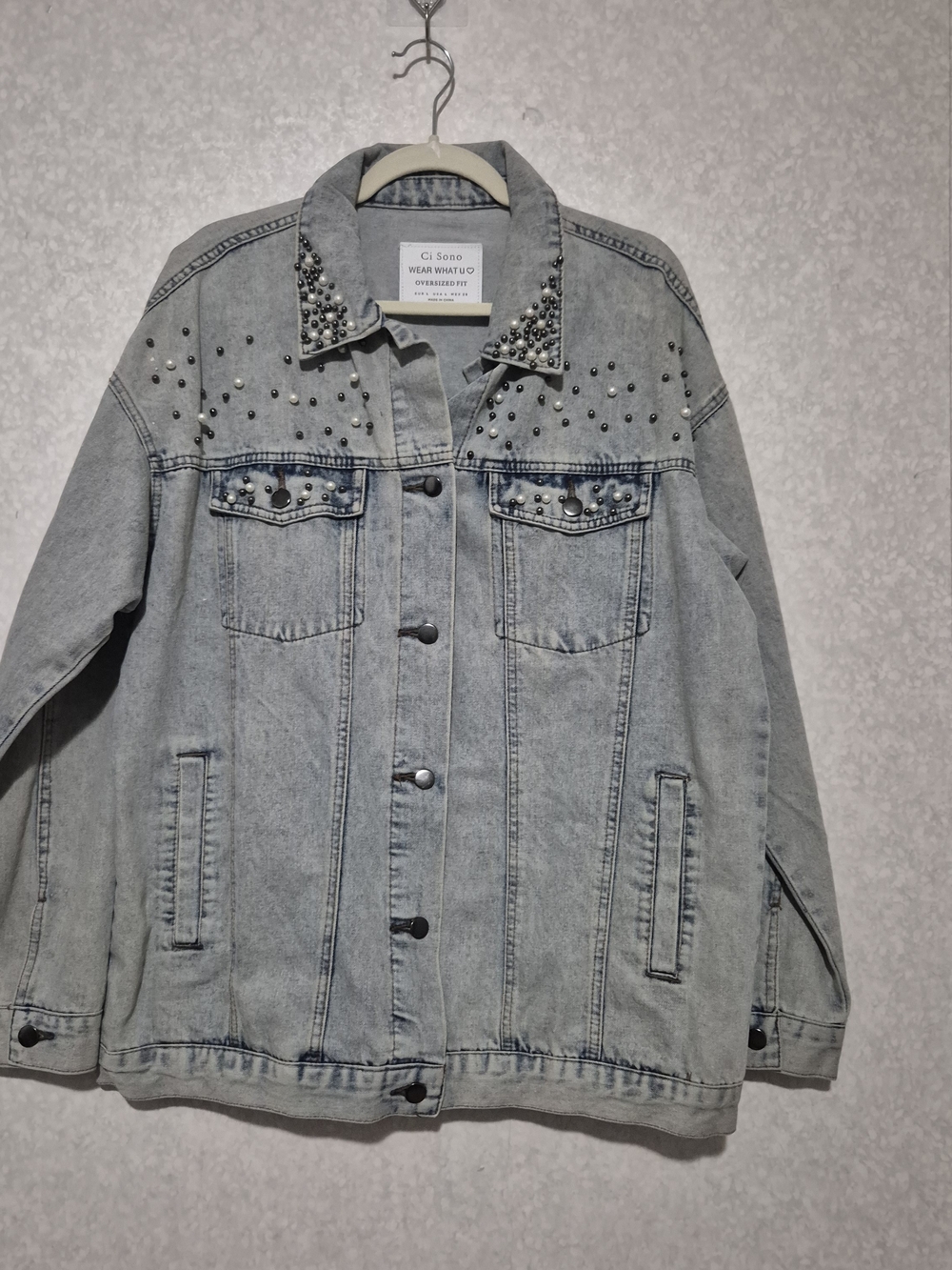 Light Blue Studded Denim Oversized Jacket- Ci Sono-Size:L